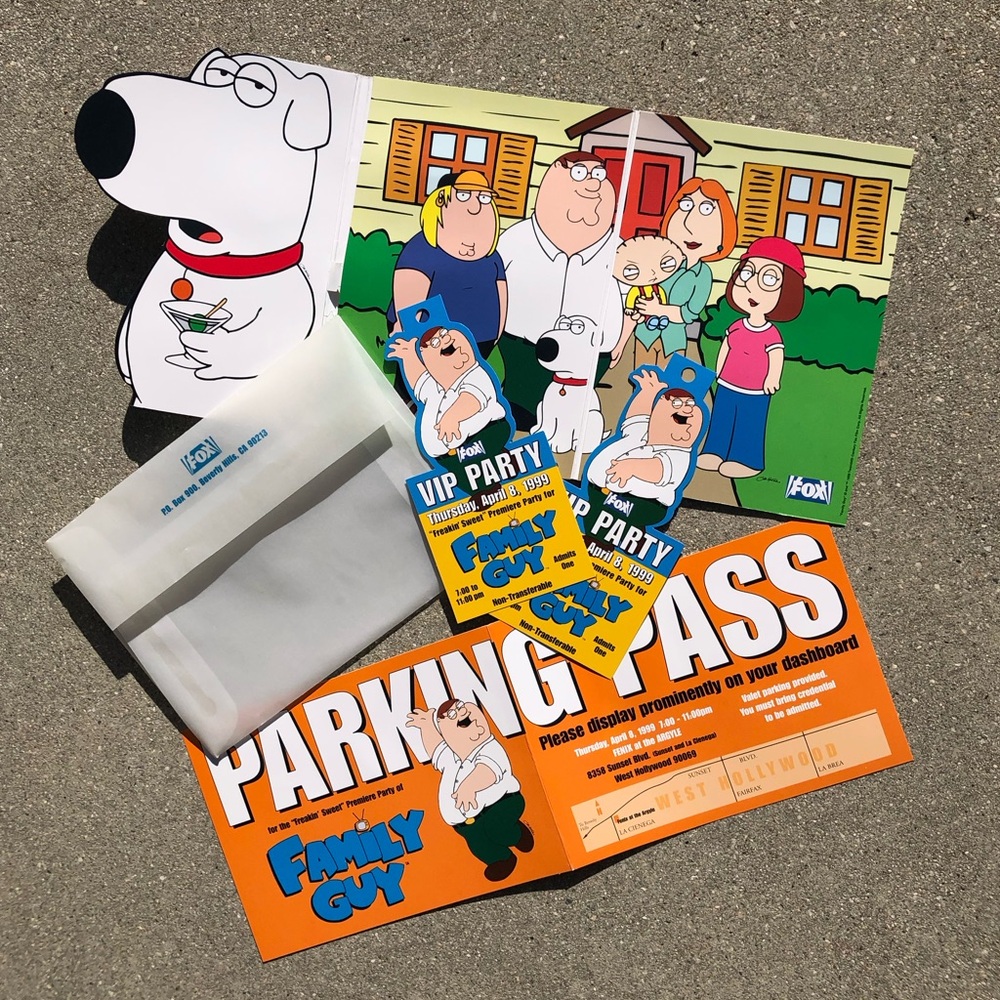 HISTORICAL 1999 Family Guy Premier Fox VIP Tickets 3-Fold Card + Parking Pass